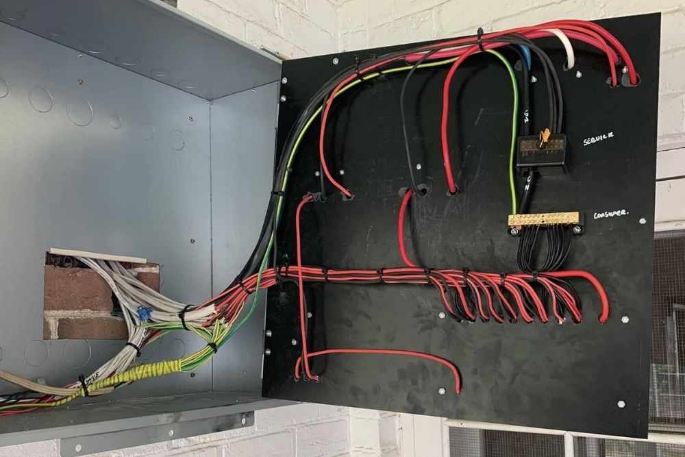 A professional electrical switchboard installation with neatly organised red, green, and black wiring-